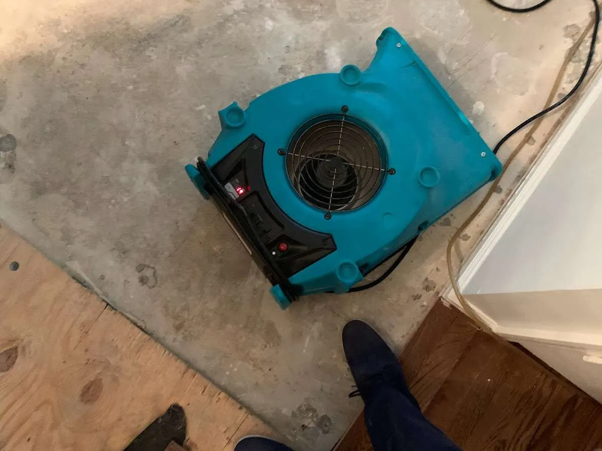 Air mover drying subfloor during Commercial Water Damage Restoration in West Bountiful